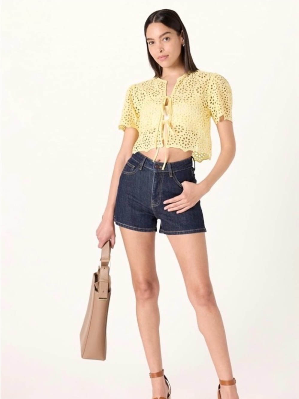 Butter Yellow Eyelet Tie-Front Cropped Top